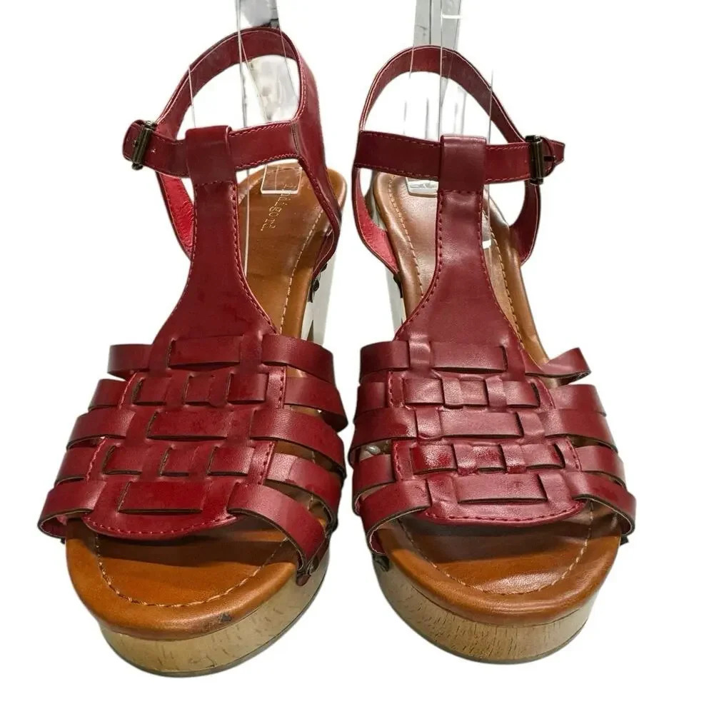 Indigo Rd. Women's Kokka Red Leather Platform Sandal Size 10 Wood Chunky Heel - Picture 4 of 8